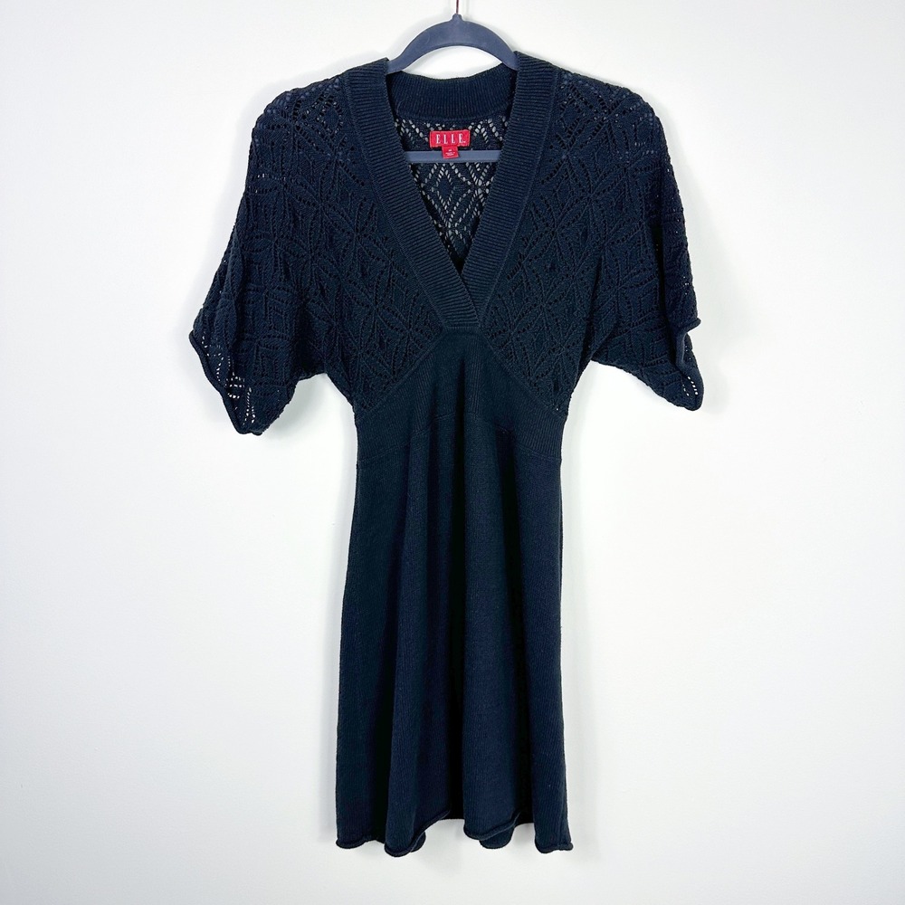 ELLE Womens Black Crochet Knit Sweater Dress‎ Y2K Witchy Whimsigoth Goth Size M